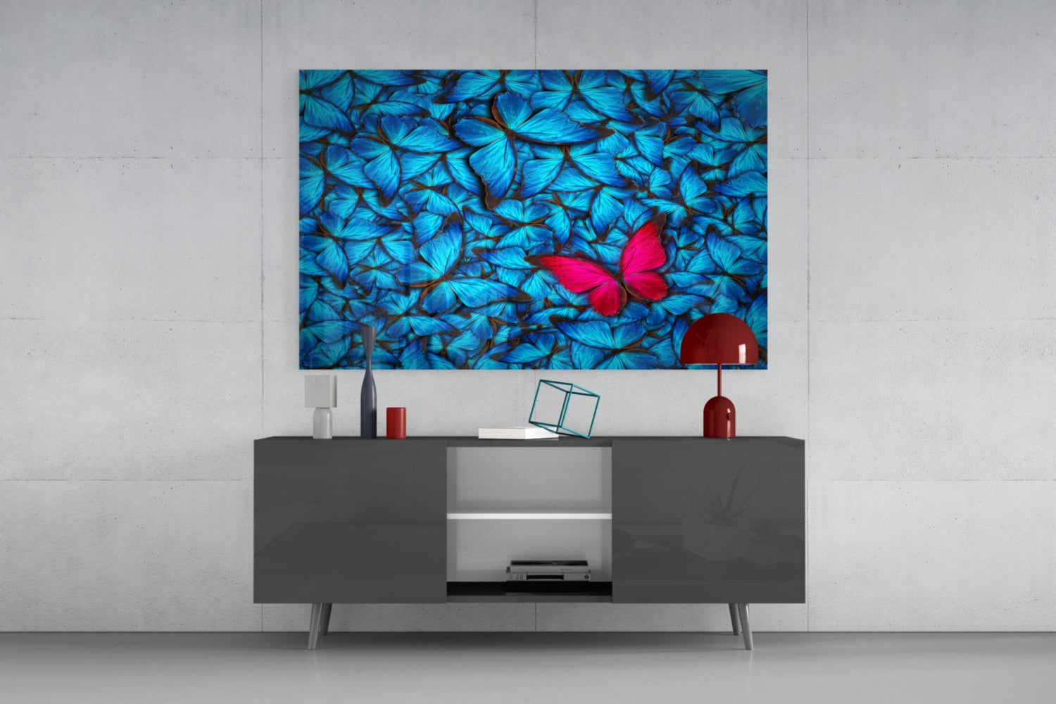 Magenta Butterfly Among Blue Glass Wall Art