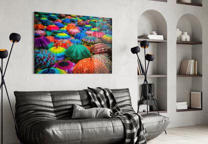 Panoramic Rainbow Umbrella Crowd Glass Wall Art