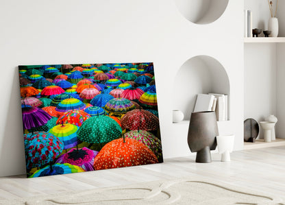 Panoramic Rainbow Umbrella Crowd Glass Wall Art