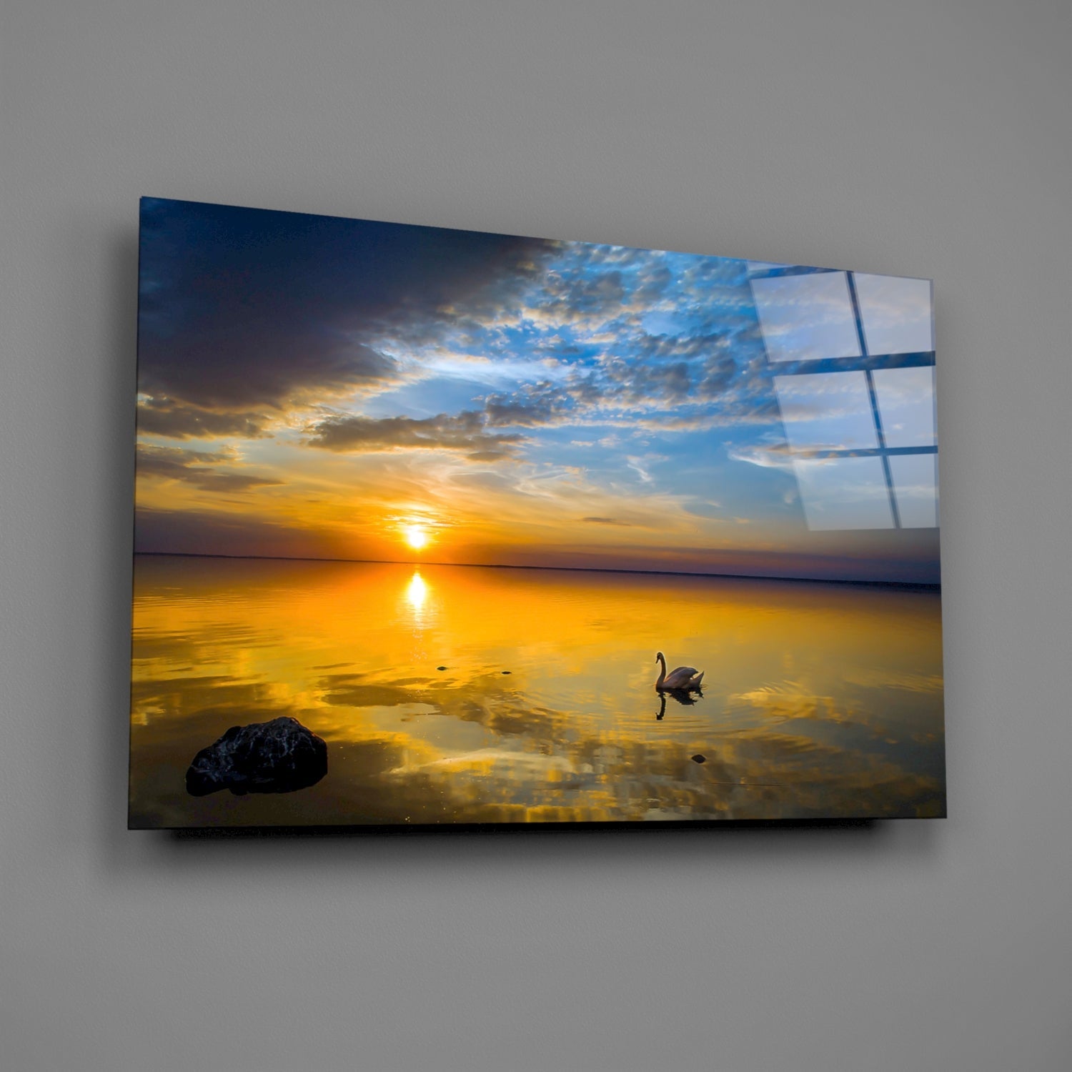 Golden Sunset Lake Swan Glass Wall Art