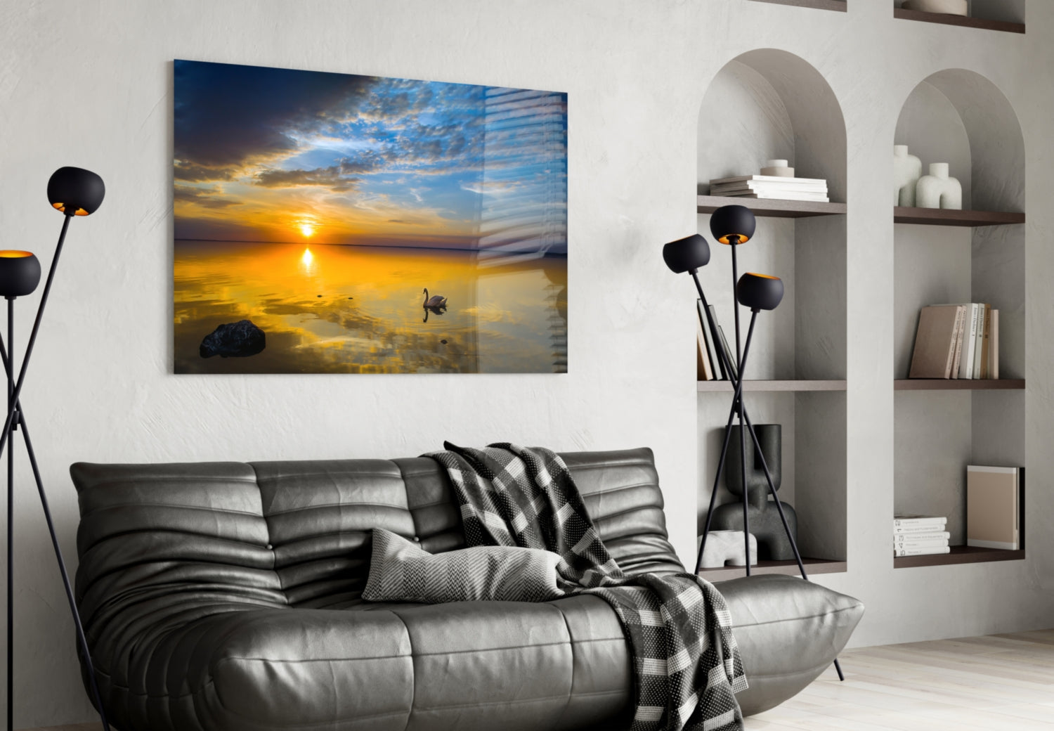 Golden Sunset Lake Swan Glass Wall Art