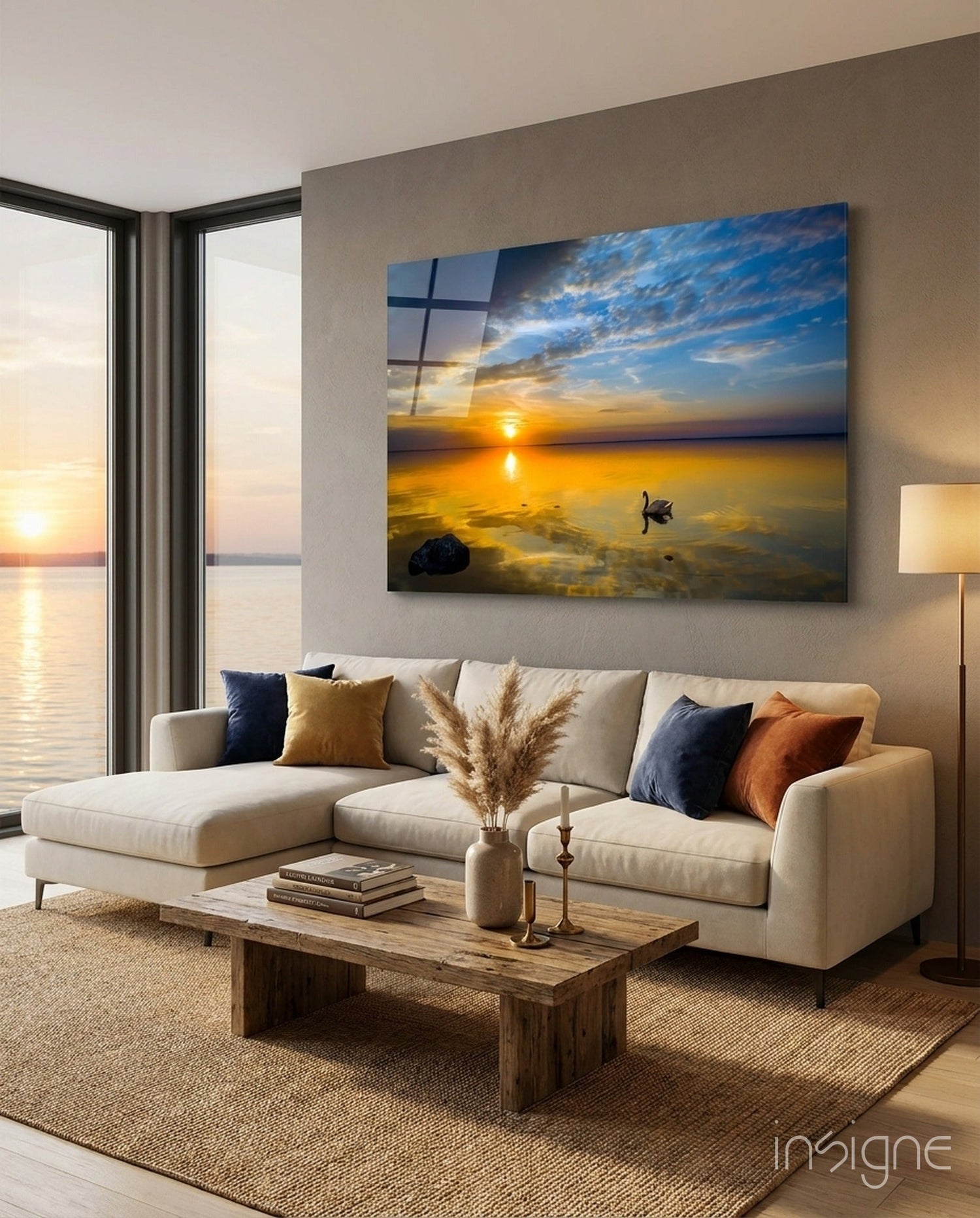 Golden Sunset Lake Swan Glass Wall Art