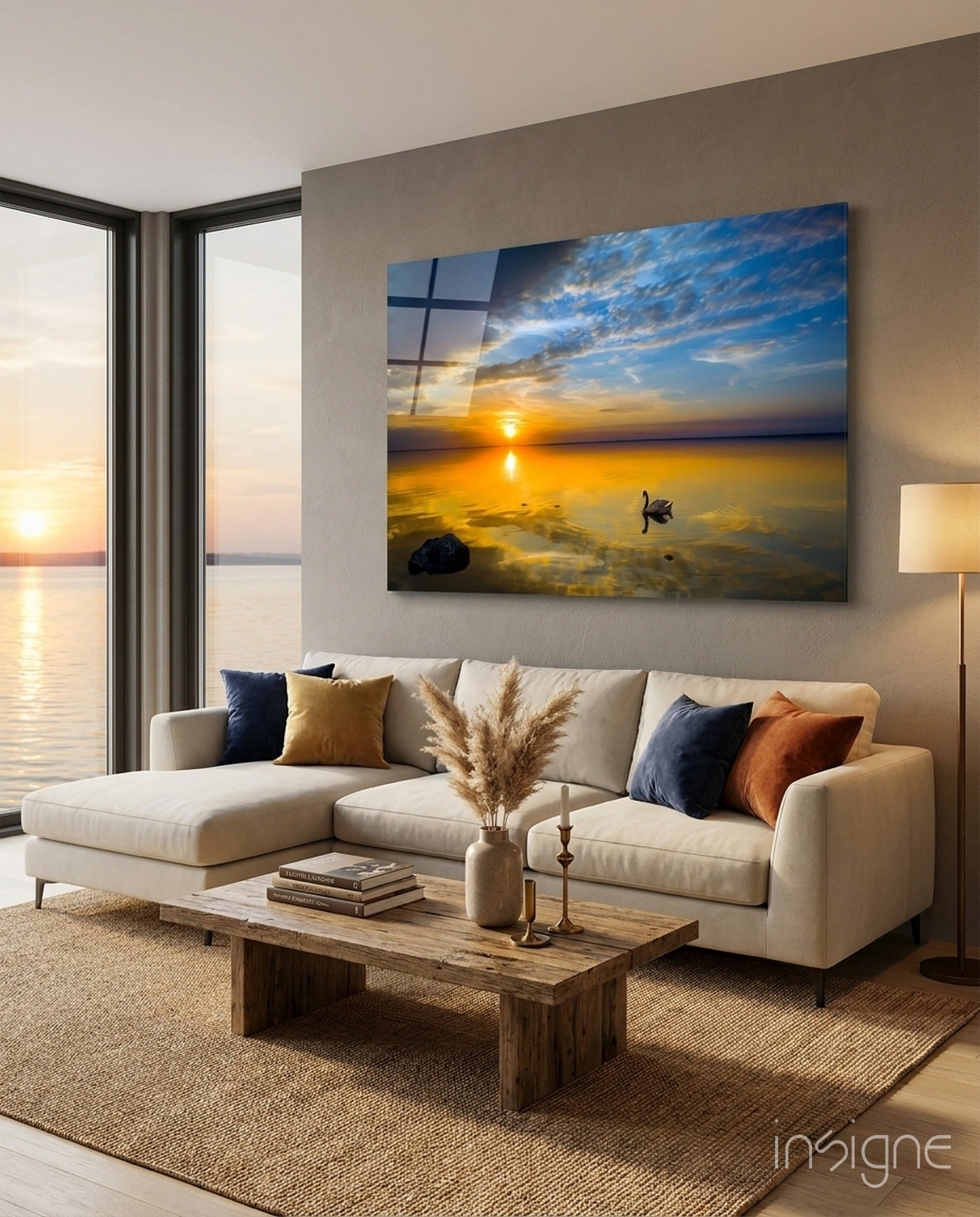Golden Sunset Lake Swan Glass Wall Art