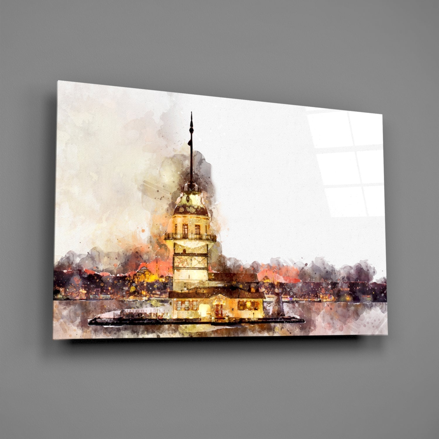 Wide Sepia Wash Maidens Tower Glass Wall Art