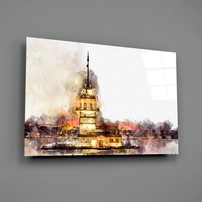 Wide Sepia Wash Maidens Tower Glass Wall Art