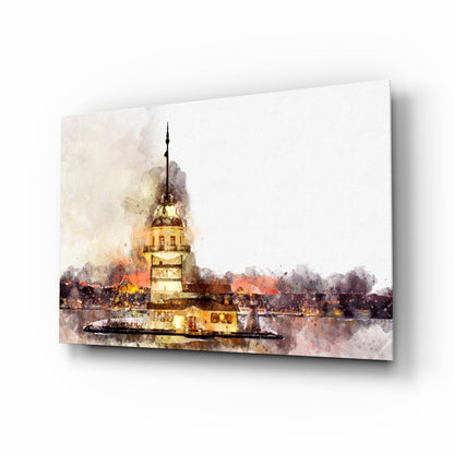 Wide Sepia Wash Maidens Tower Glass Wall Art