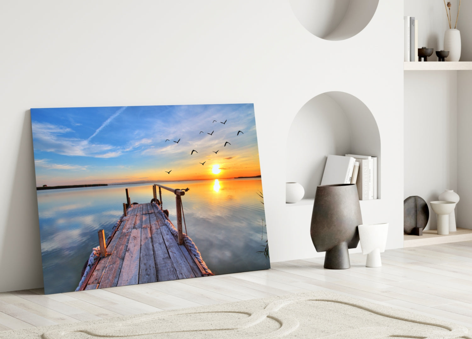 Golden Sunset Flying Birds Dock Glass Wall Art