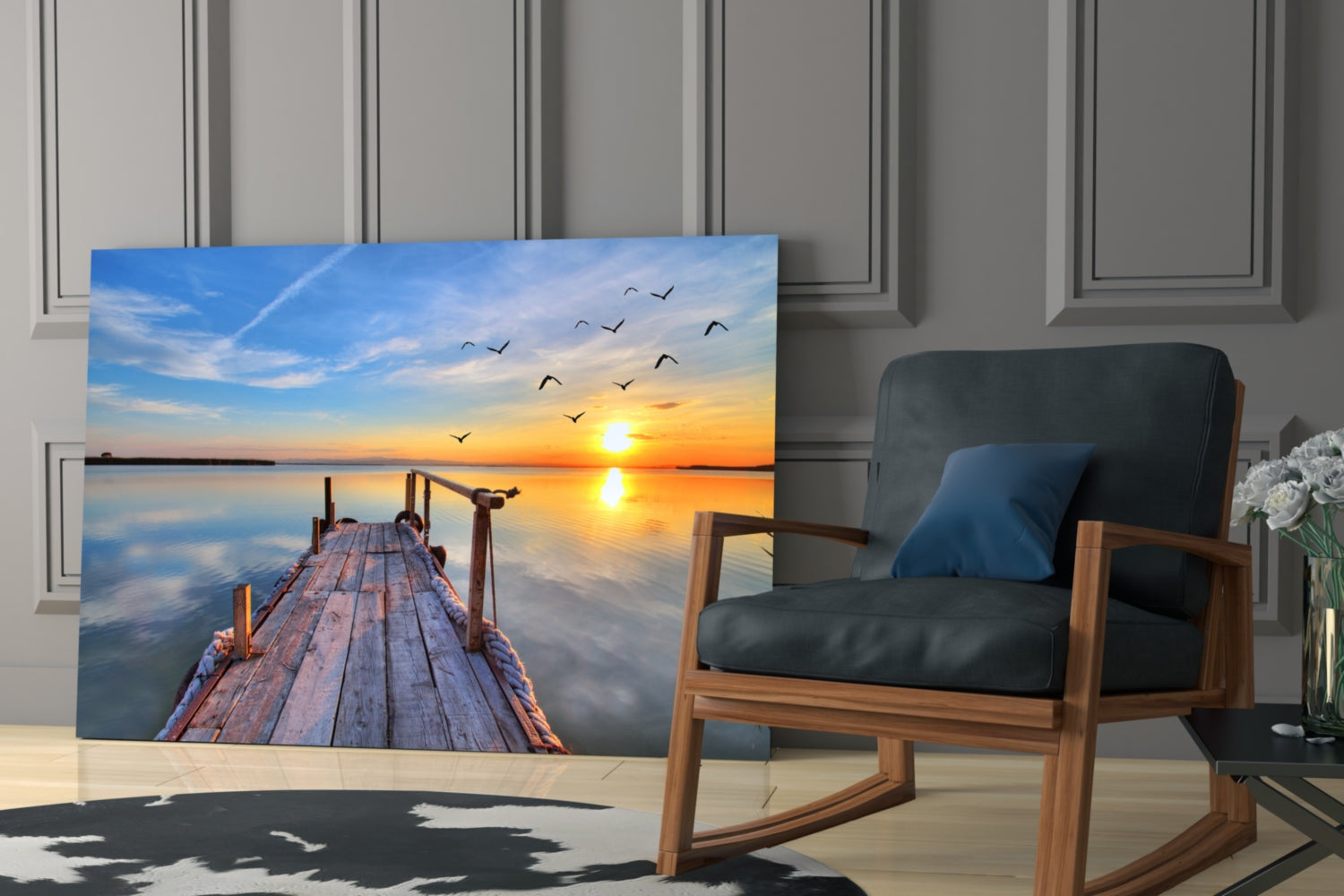 Golden Sunset Flying Birds Dock Glass Wall Art