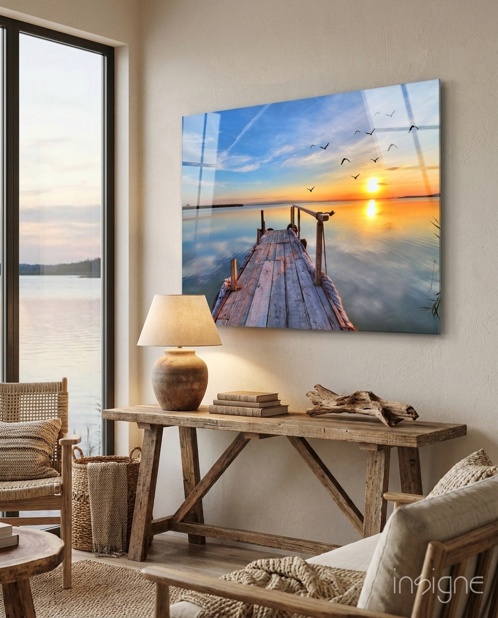 Golden Sunset Flying Birds Dock Glass Wall Art