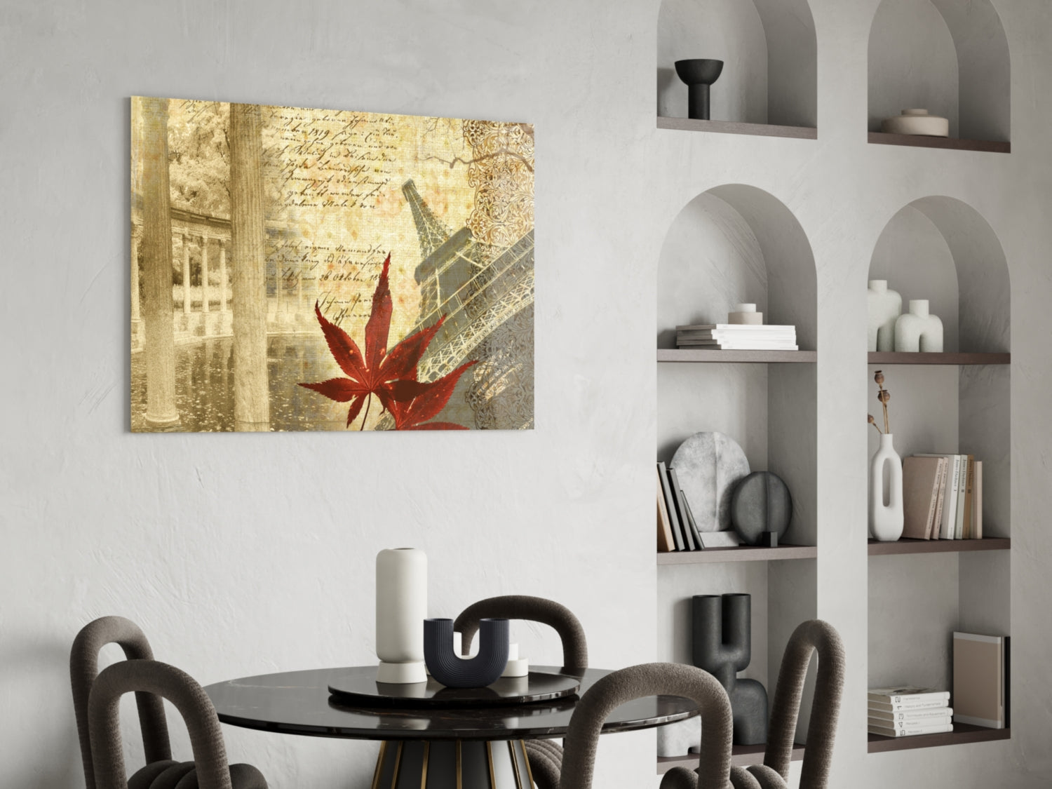 Red Maple Leaf Paris Tower Vintage Glass Wall Art