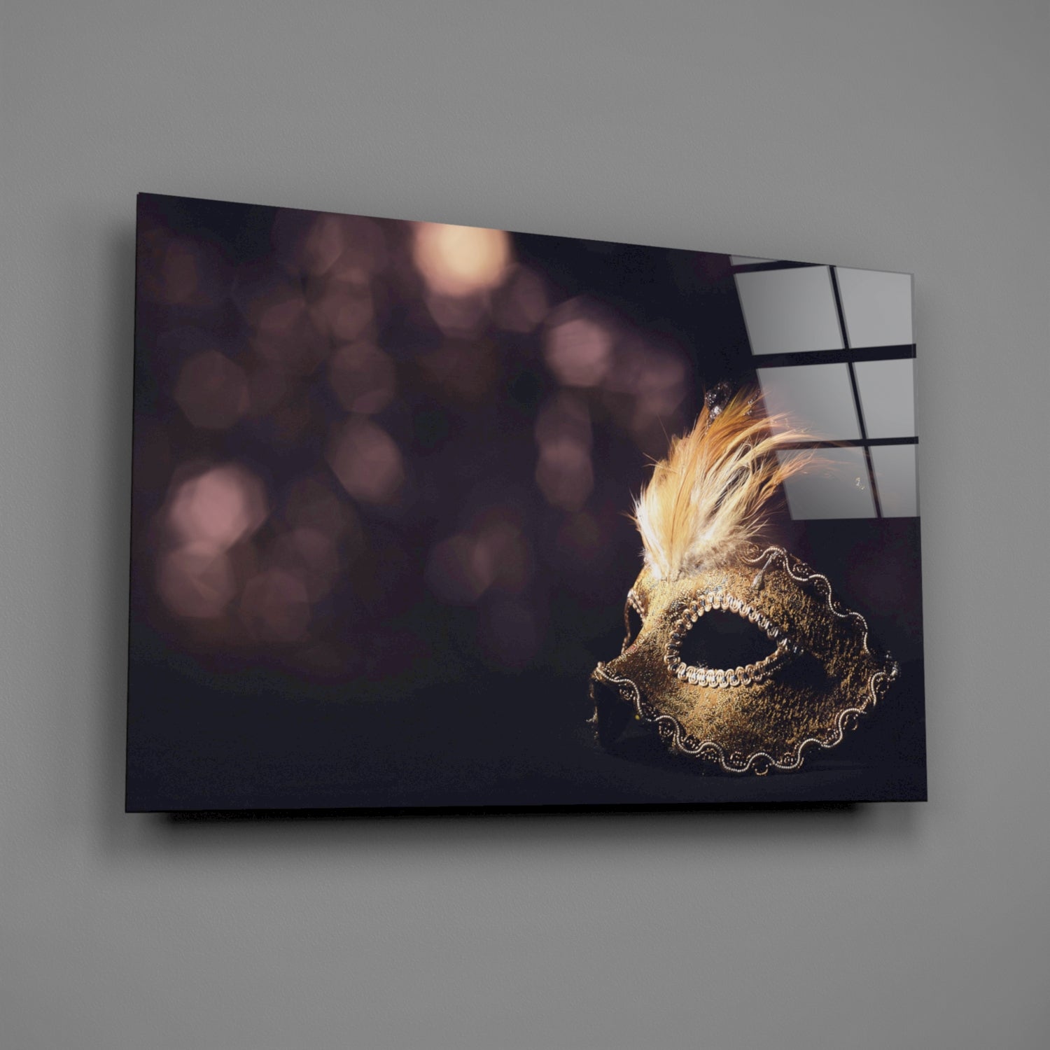 Gold Feathered Masquerade Mask Glass Wall Art