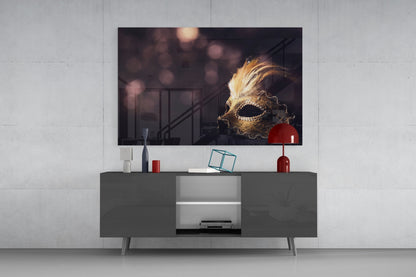 Gold Feathered Masquerade Mask Glass Wall Art