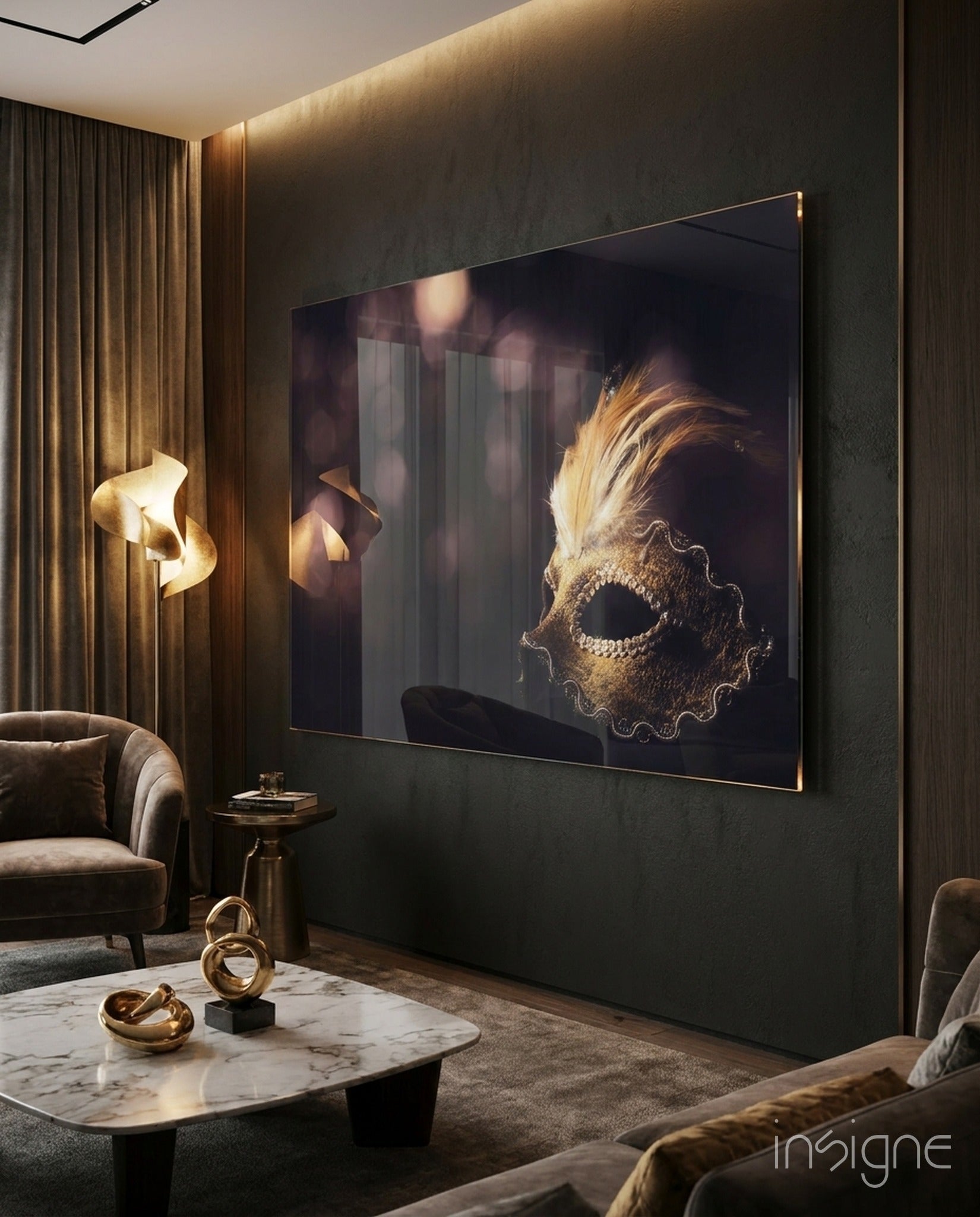 Gold Feathered Masquerade Mask Glass Wall Art