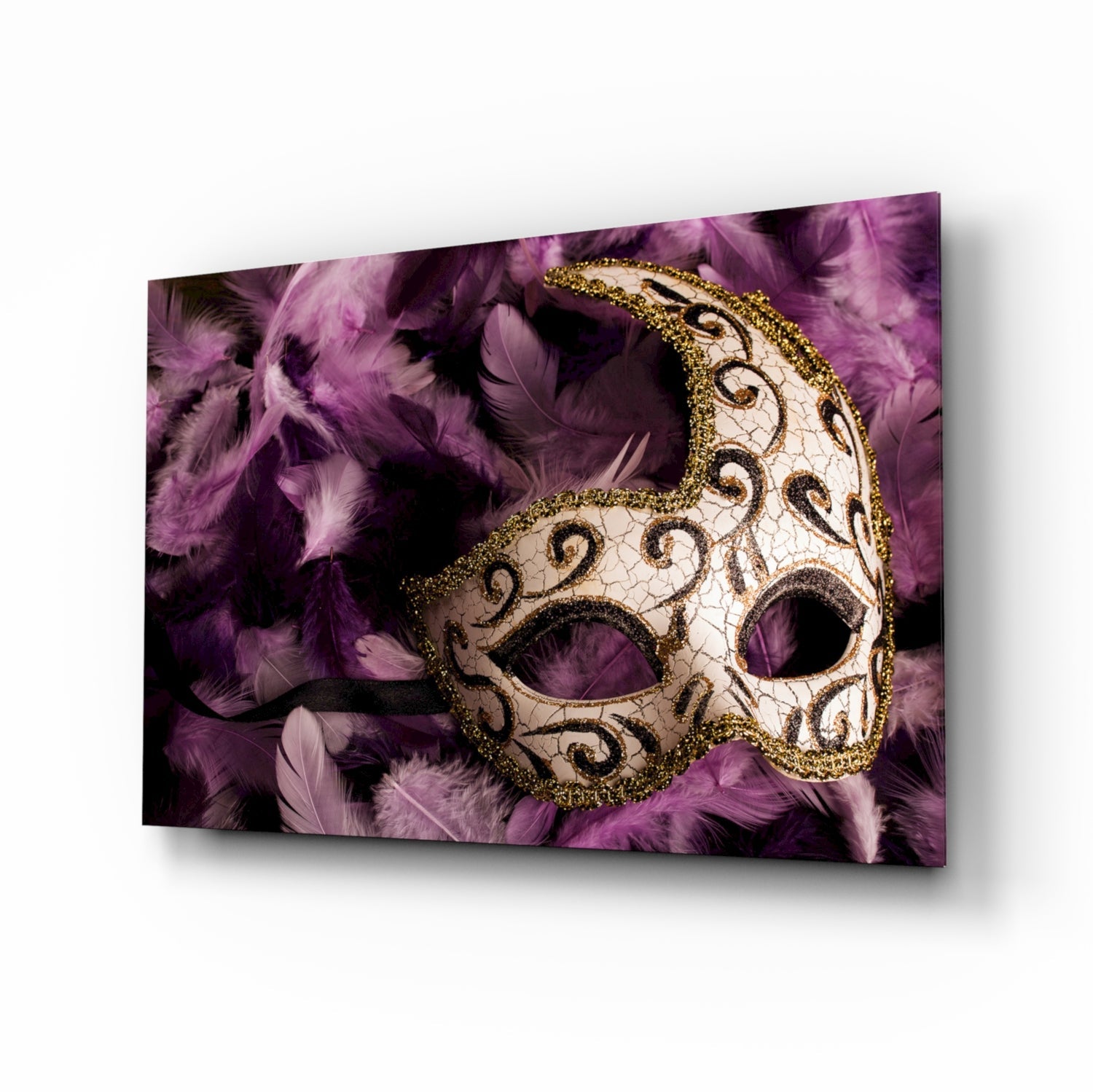 Ornate Mask Purple Feathers Glass Wall Art