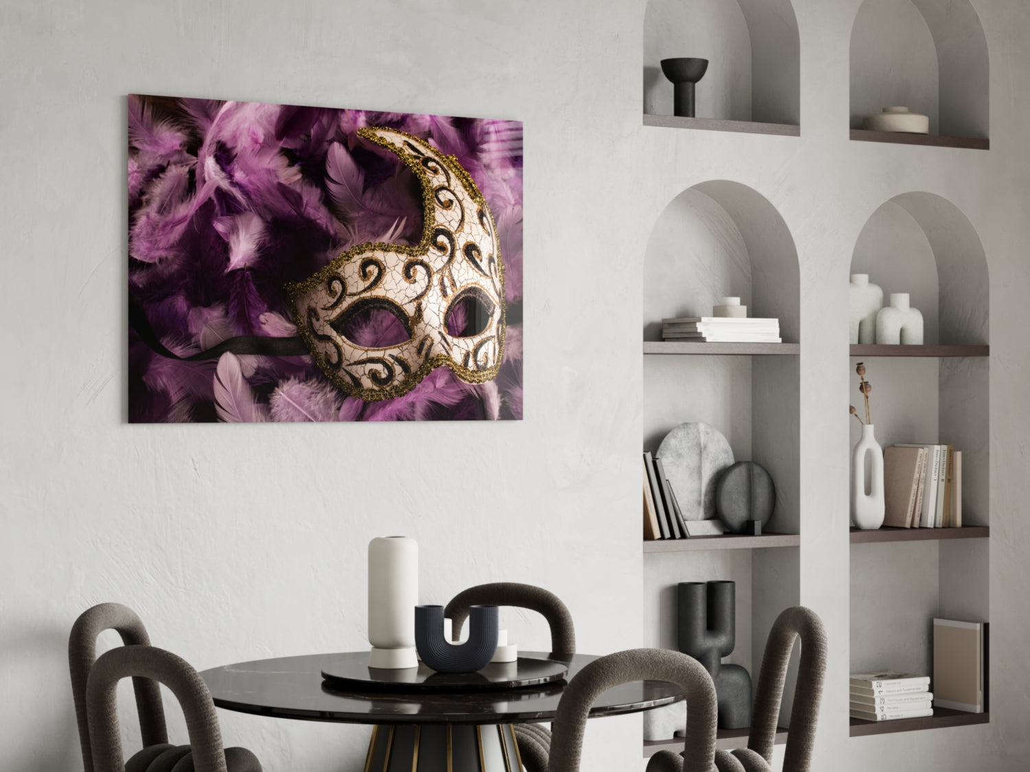 Ornate Mask Purple Feathers Glass Wall Art