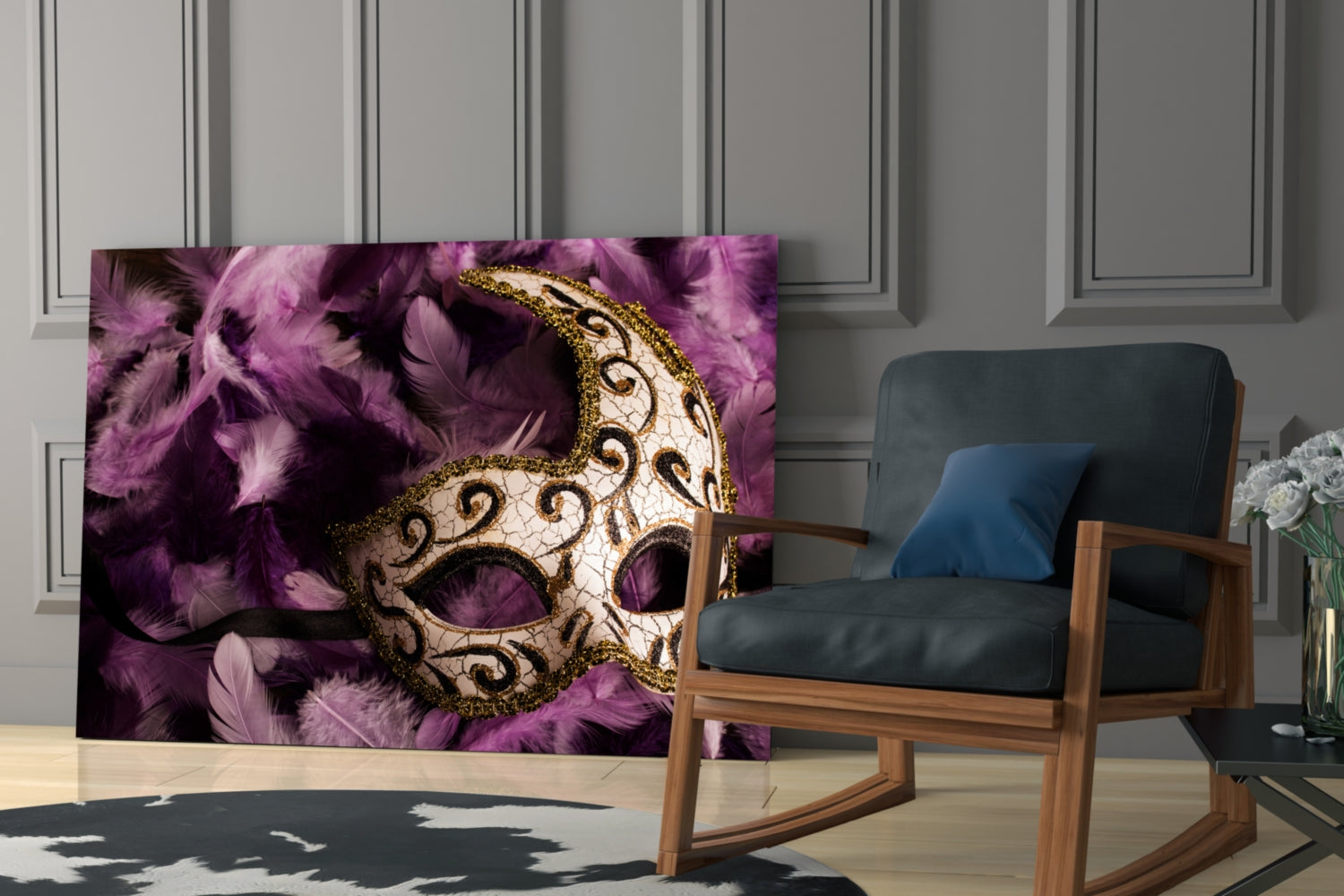 Ornate Mask Purple Feathers Glass Wall Art