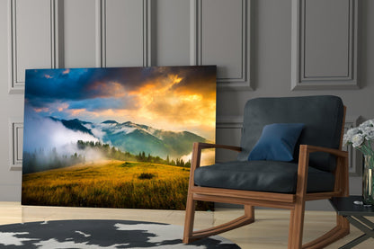 Golden Sunset Meadow Misty Mountains Glass Wall Art