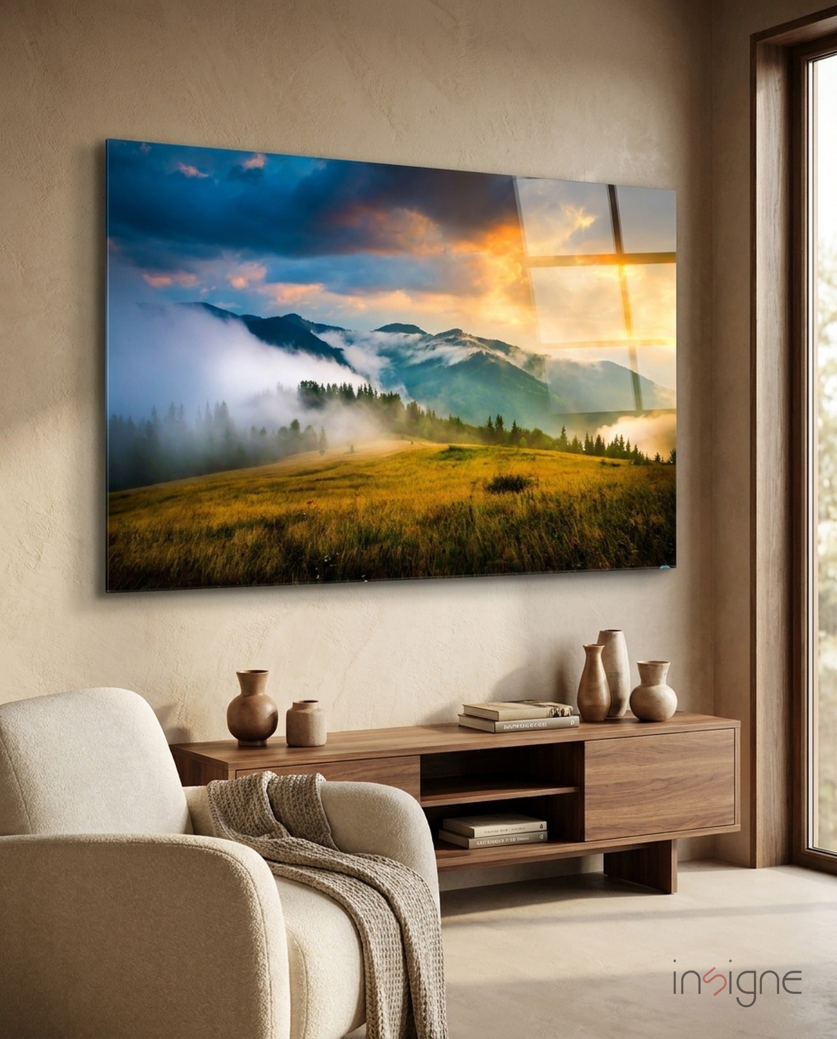 Golden Sunset Meadow Misty Mountains Glass Wall Art