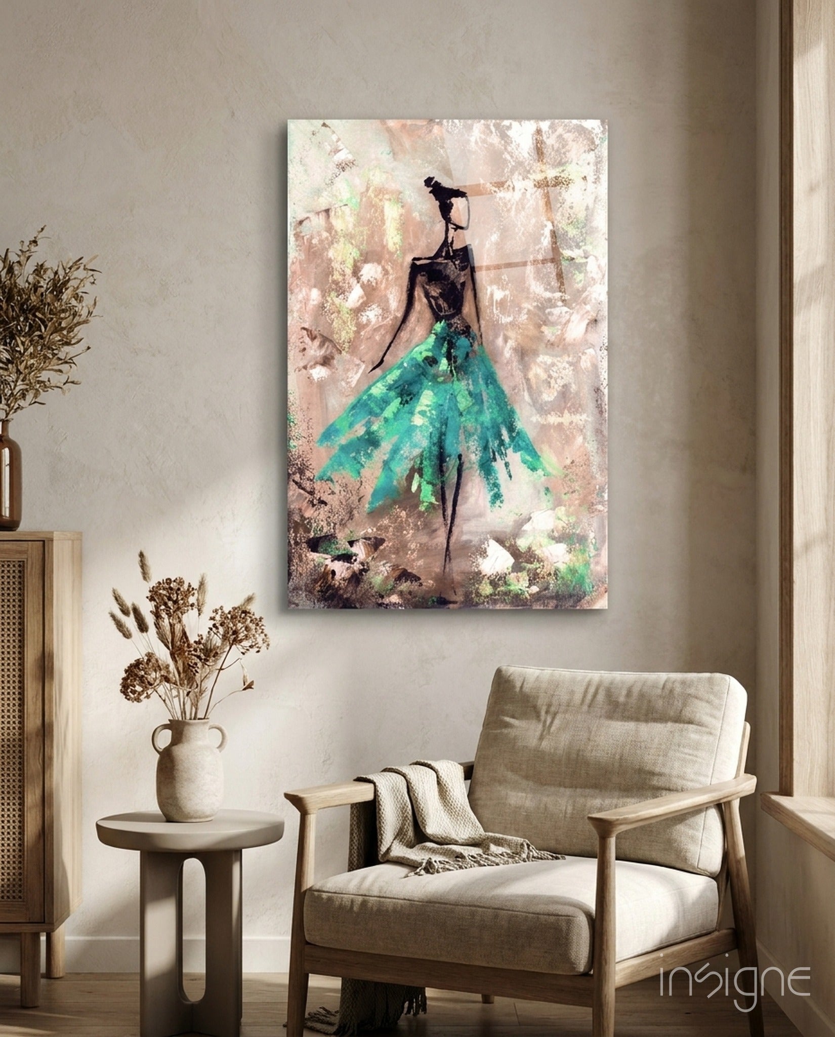 Emerald Gown Dancer on Copper Wall Glass Wall Art