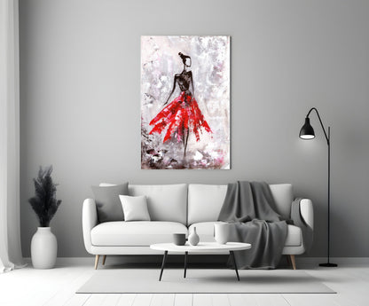 Crimson Petal Dress Slender Dancer Glass Wall Art