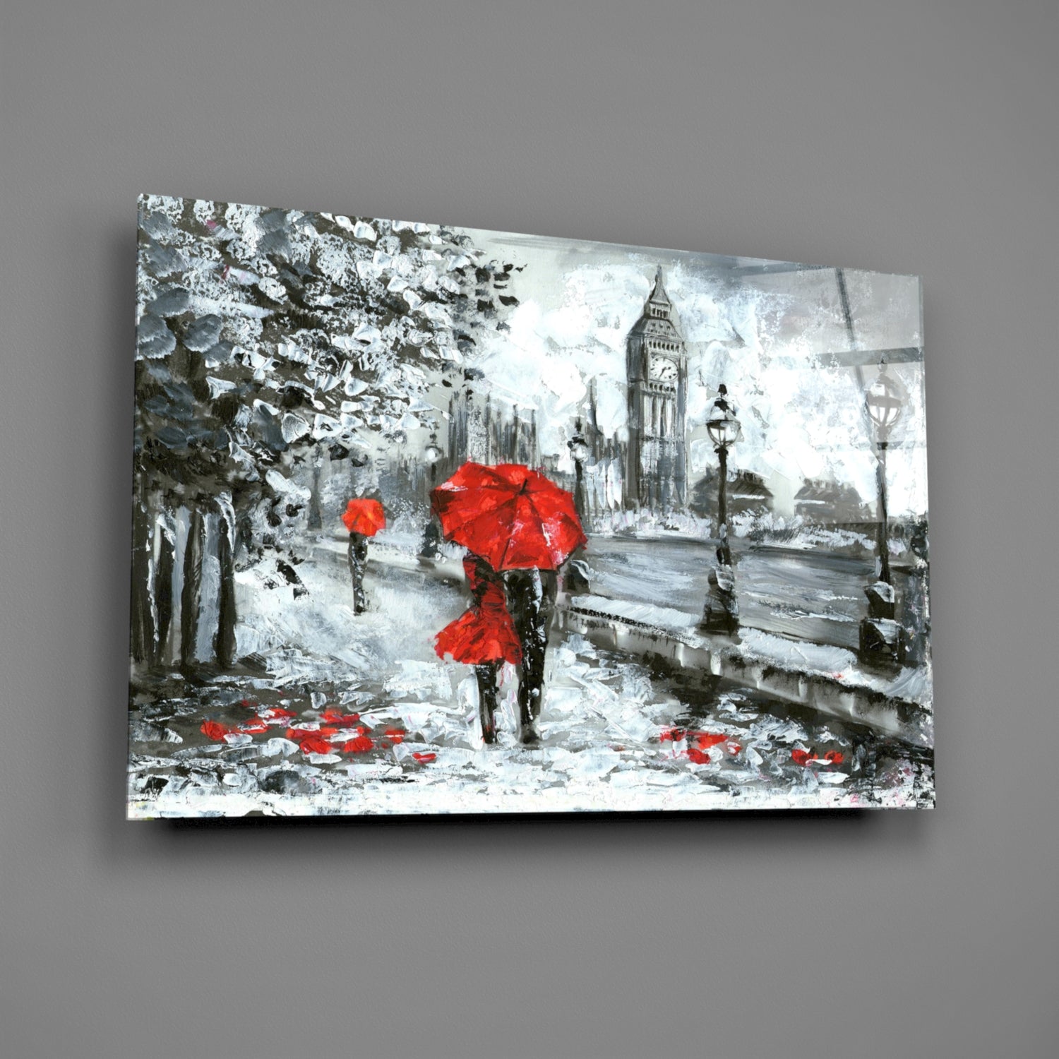 Rainy Riverside Boulevard Red Umbrellas Glass Wall Art