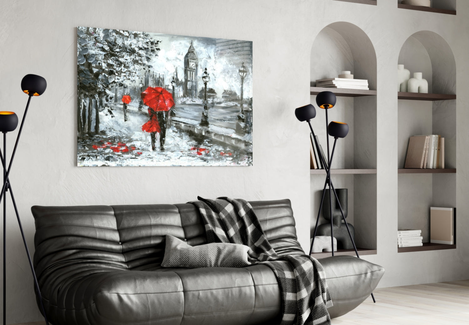 Rainy Riverside Boulevard Red Umbrellas Glass Wall Art