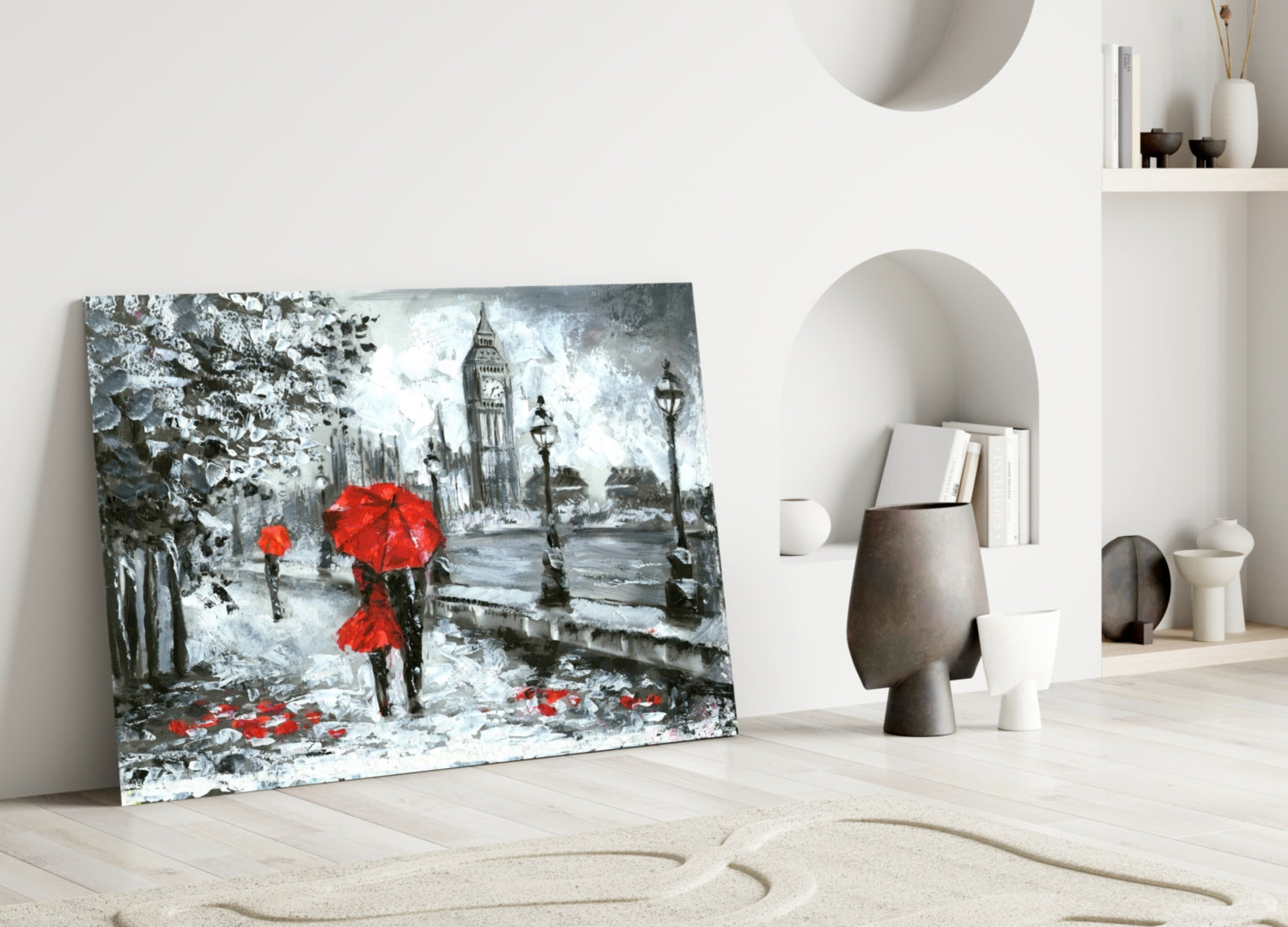 Rainy Riverside Boulevard Red Umbrellas Glass Wall Art