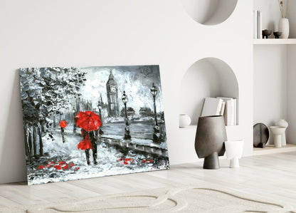 Rainy Riverside Boulevard Red Umbrellas Glass Wall Art