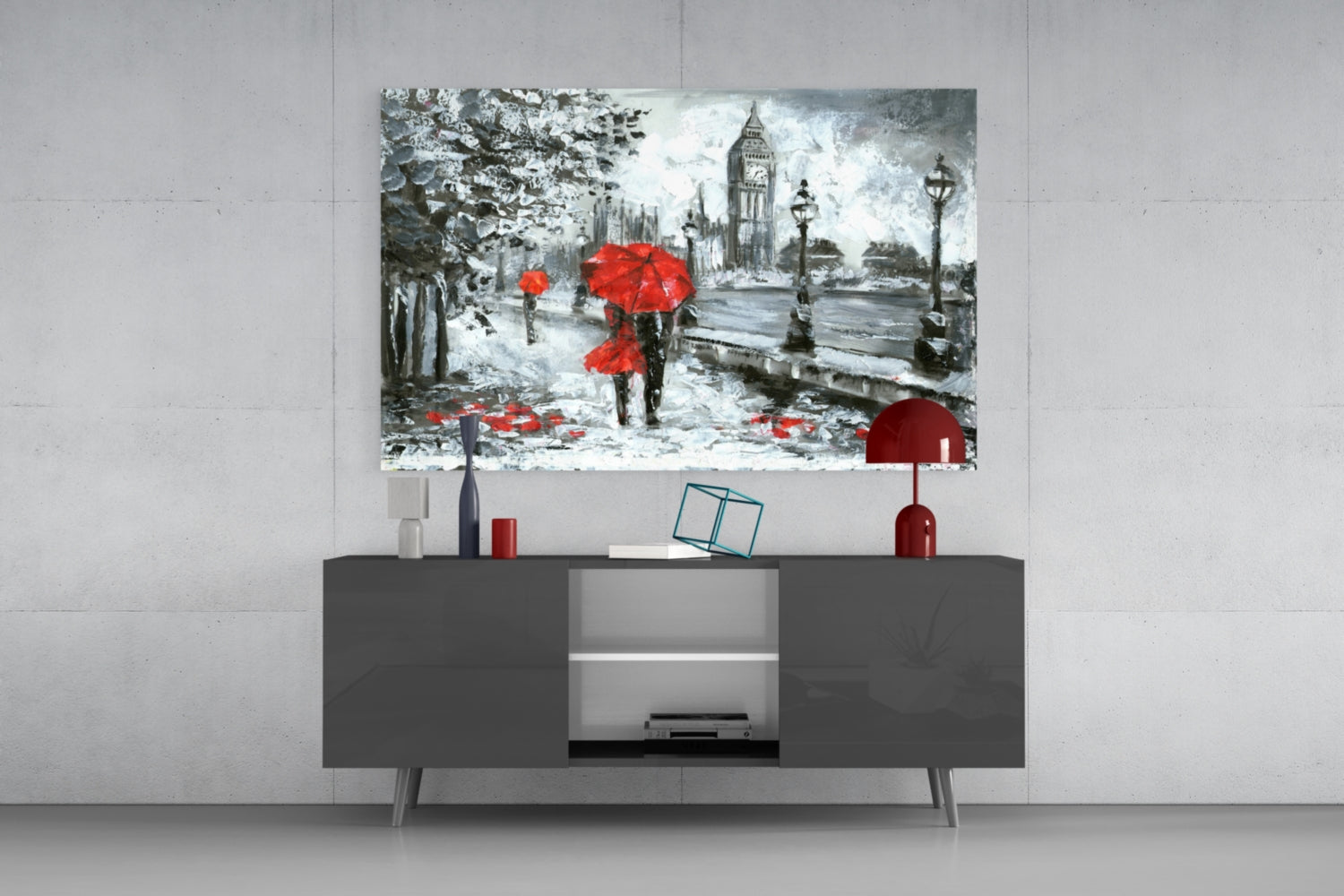 Rainy Riverside Boulevard Red Umbrellas Glass Wall Art