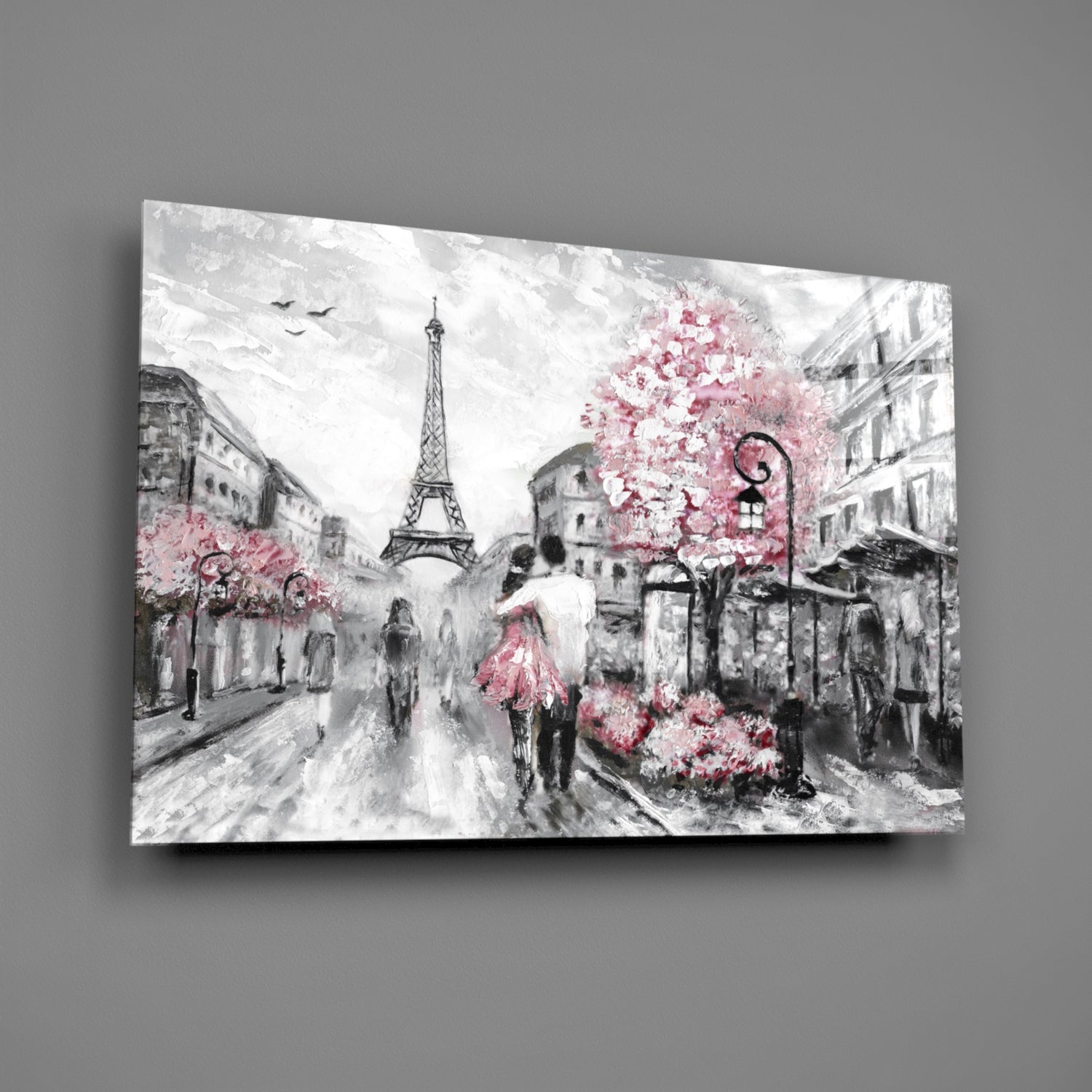 Gray Paris Street Pink Umbrella Couple Glass Wall Art