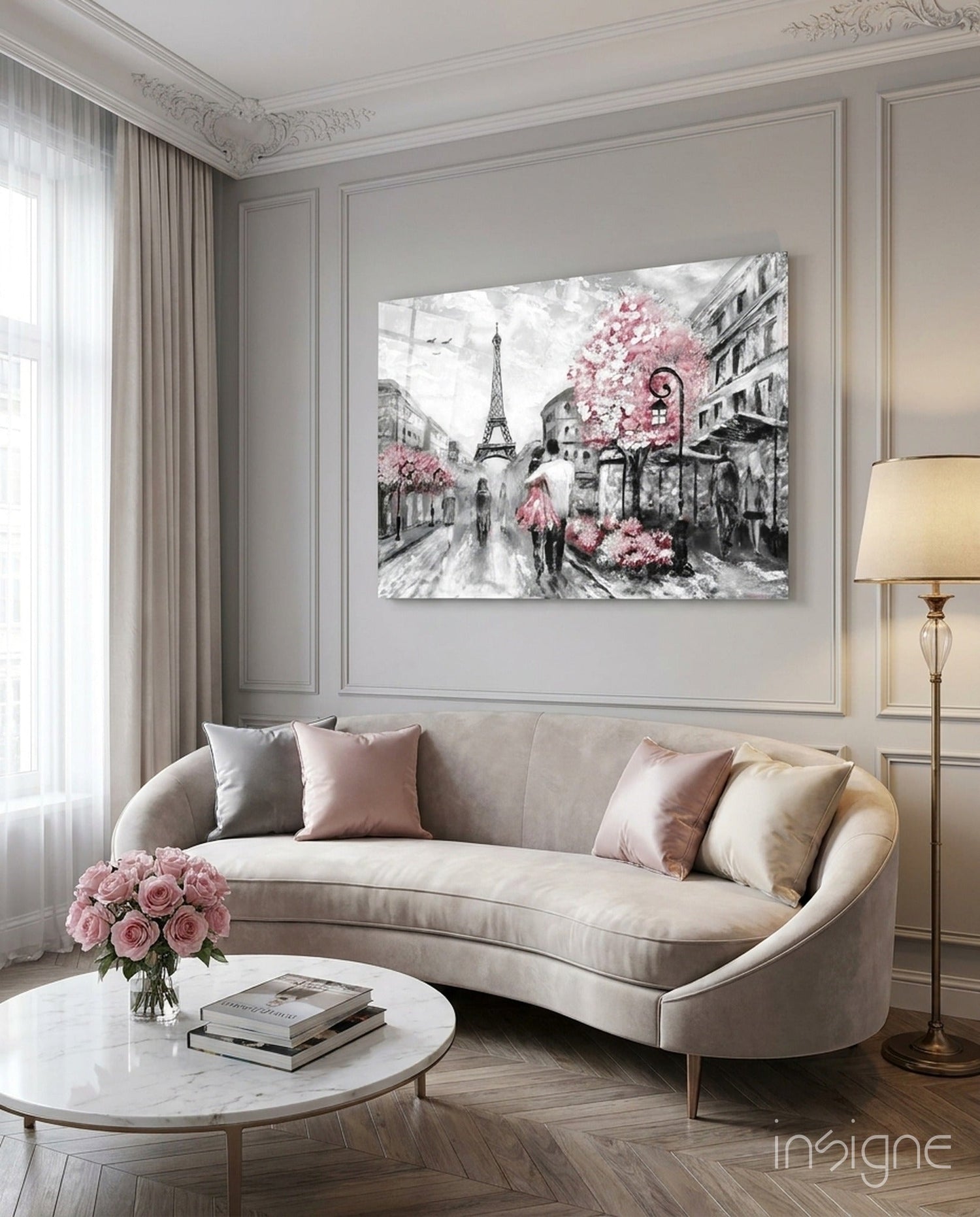 Gray Paris Street Pink Umbrella Couple Glass Wall Art
