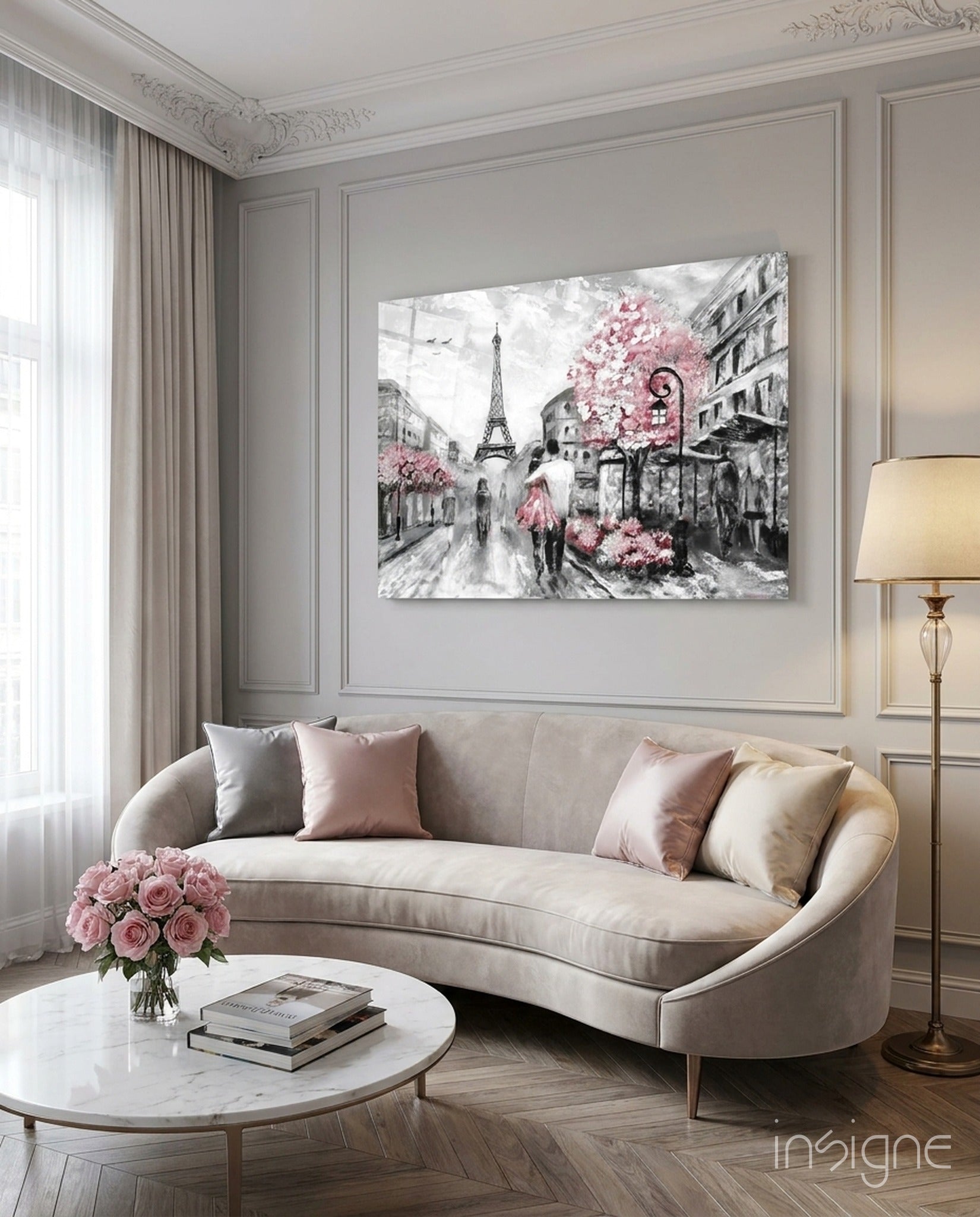 Gray Paris Street Pink Umbrella Couple Glass Wall Art