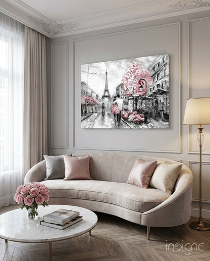 Gray Paris Street Pink Umbrella Couple Glass Wall Art
