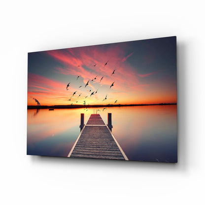 Rustic Pier Bird Flock Sunset Glass Wall Art