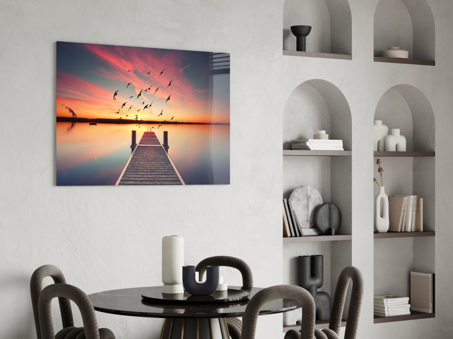 Rustic Pier Bird Flock Sunset Glass Wall Art