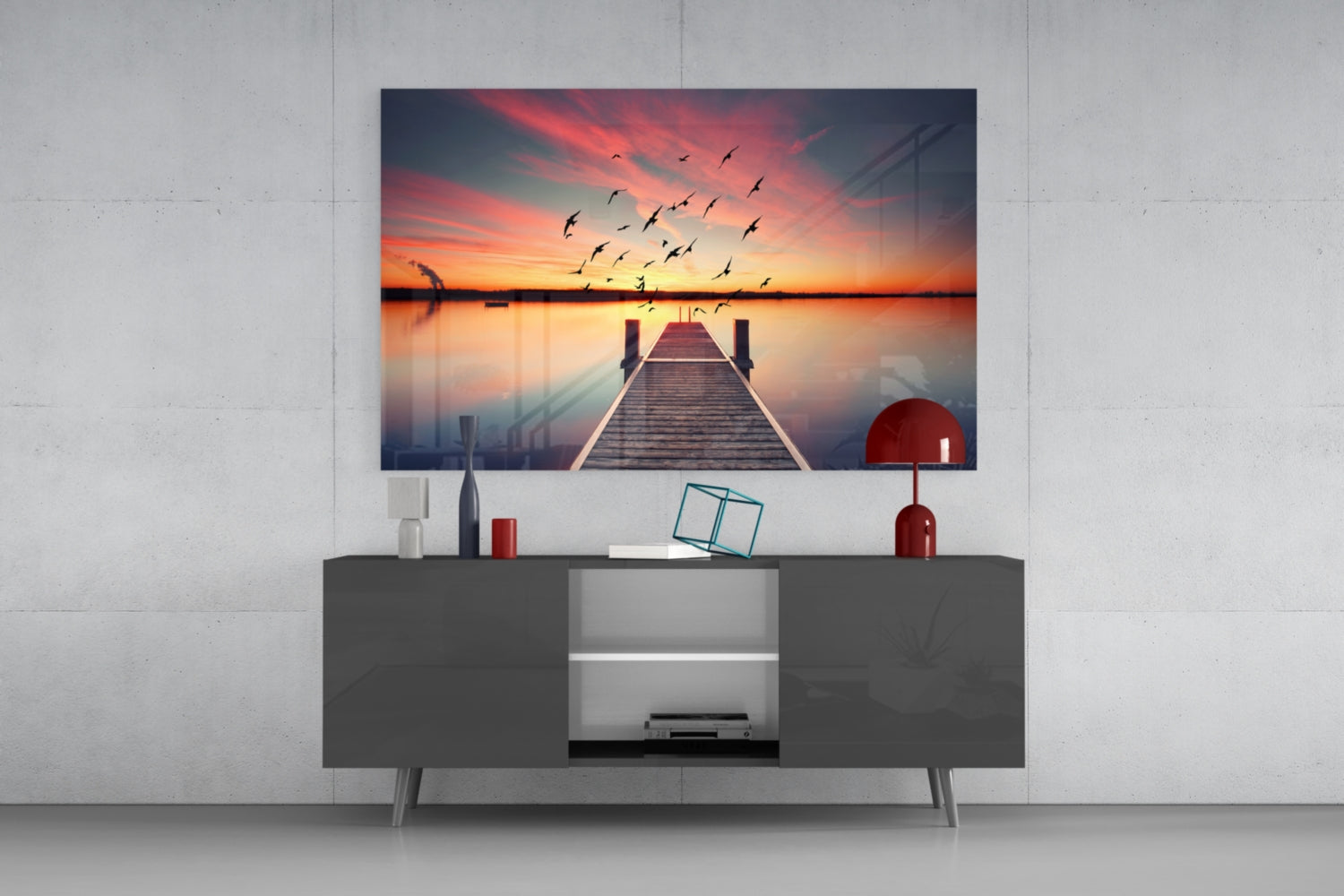 Rustic Pier Bird Flock Sunset Glass Wall Art