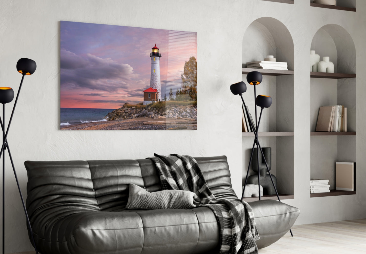 Autumn Tree Shoreline Lighthouse Glass Wall Art