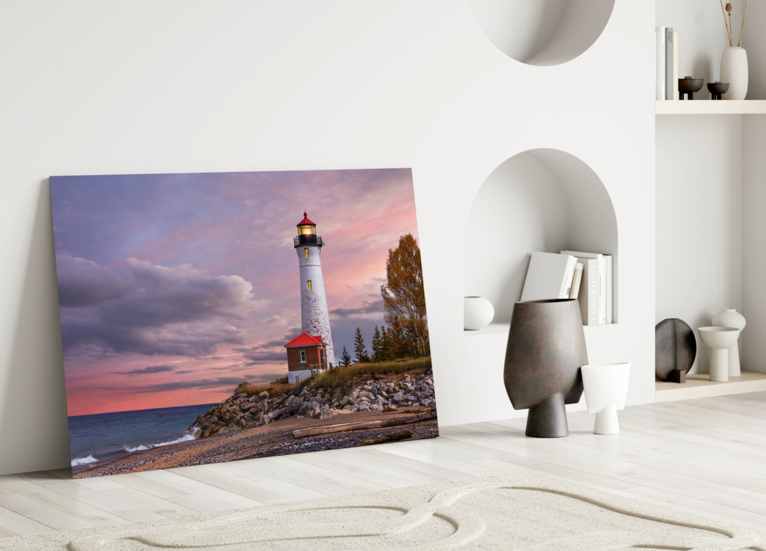 Autumn Tree Shoreline Lighthouse Glass Wall Art