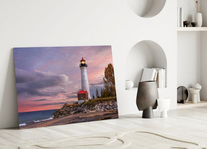 Autumn Tree Shoreline Lighthouse Glass Wall Art