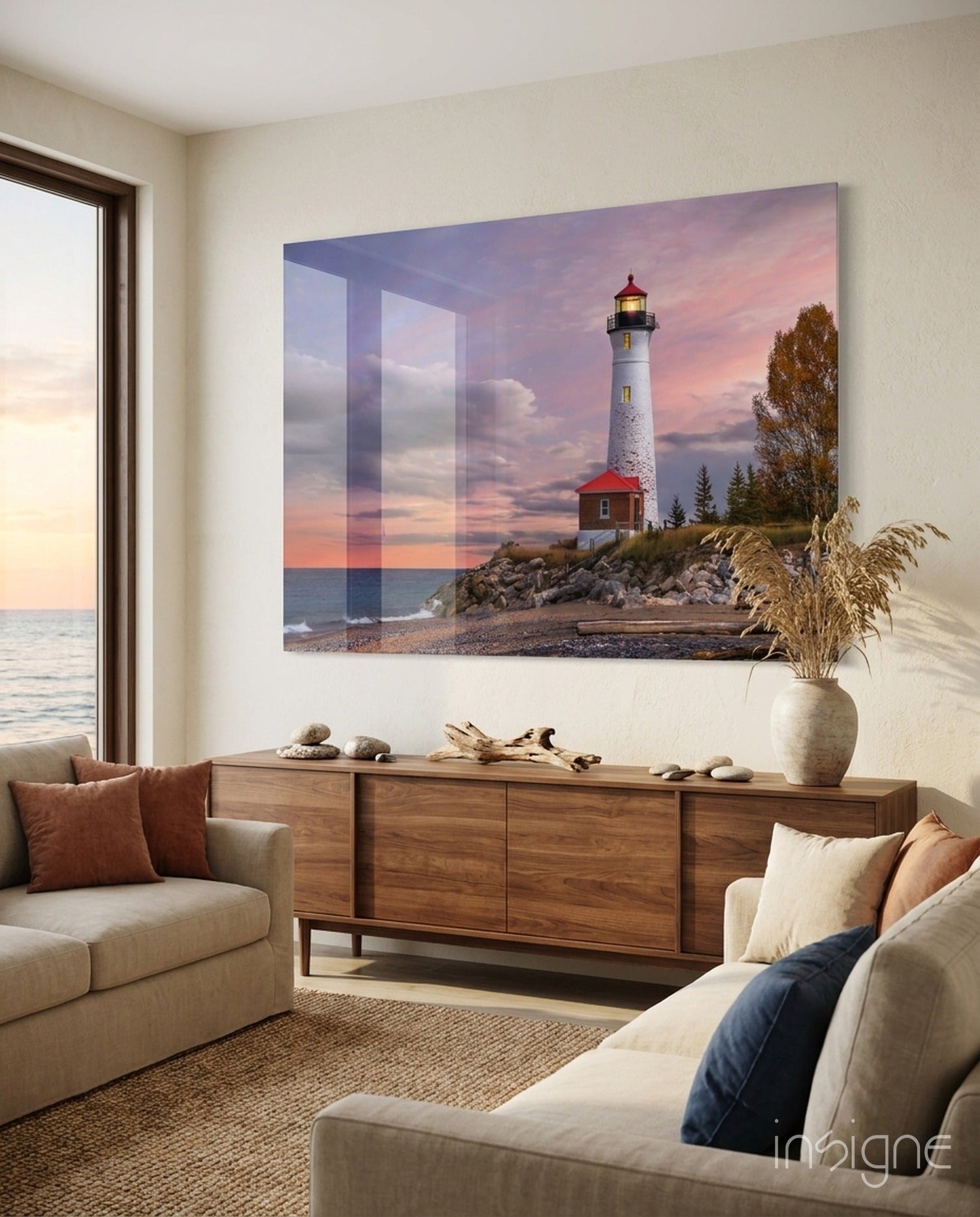 Autumn Tree Shoreline Lighthouse Glass Wall Art