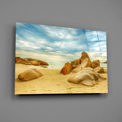 Wide Rocky Shore Blue Sky Beach Glass Wall Art