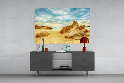 Wide Rocky Shore Blue Sky Beach Glass Wall Art