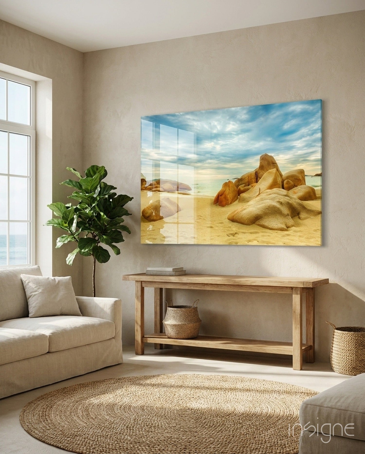 Wide Rocky Shore Blue Sky Beach Glass Wall Art
