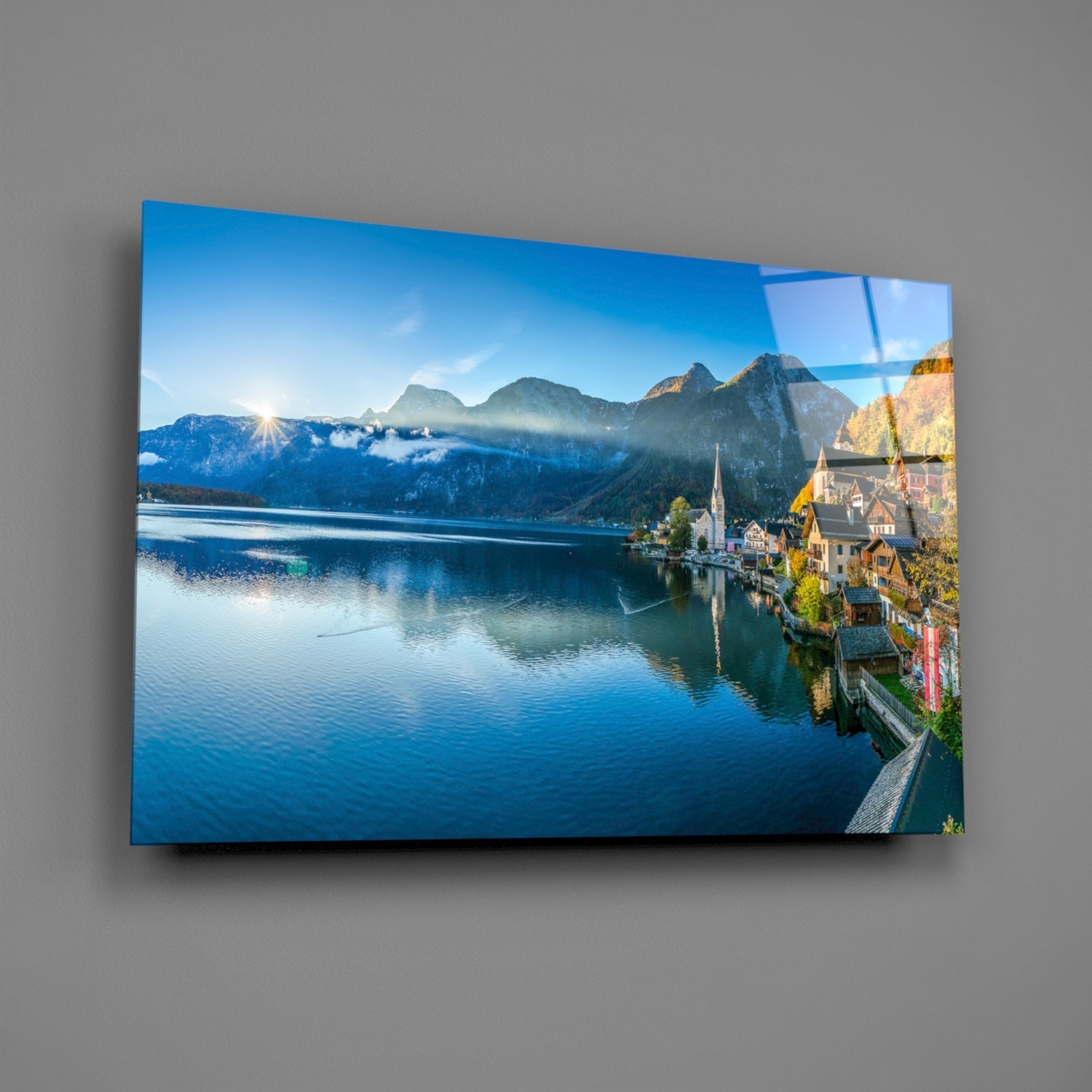 Alpine Lakeside Village Glass Wall Art