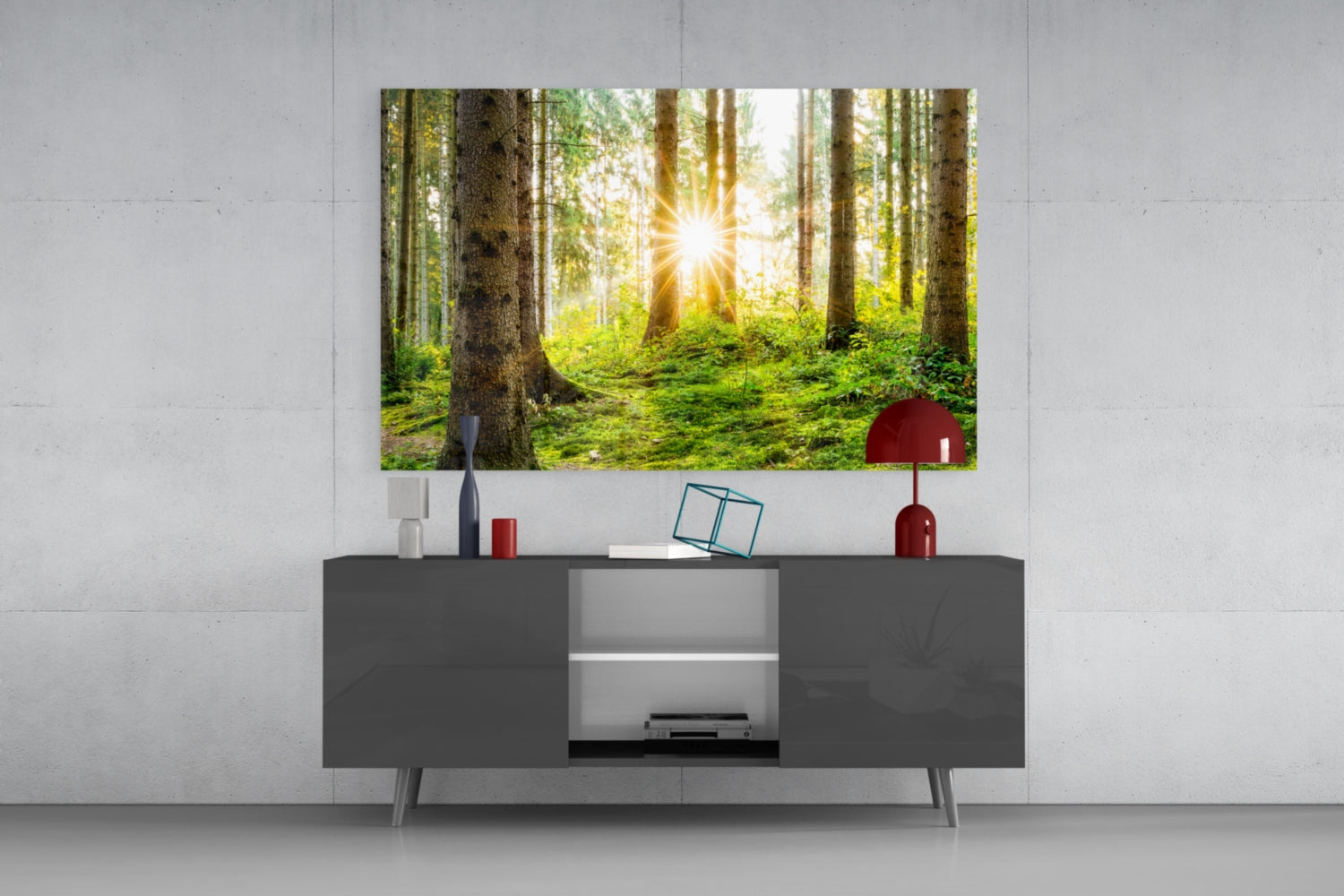 Sunrays Through Forest Trees Glass Wall Art