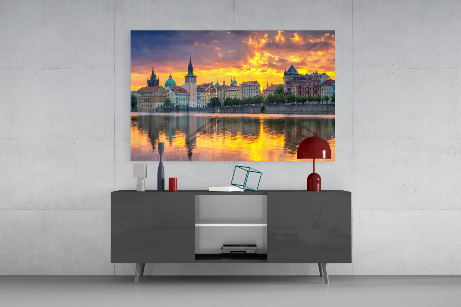 Fiery Sunset Clouds Prague Panorama Glass Wall Art