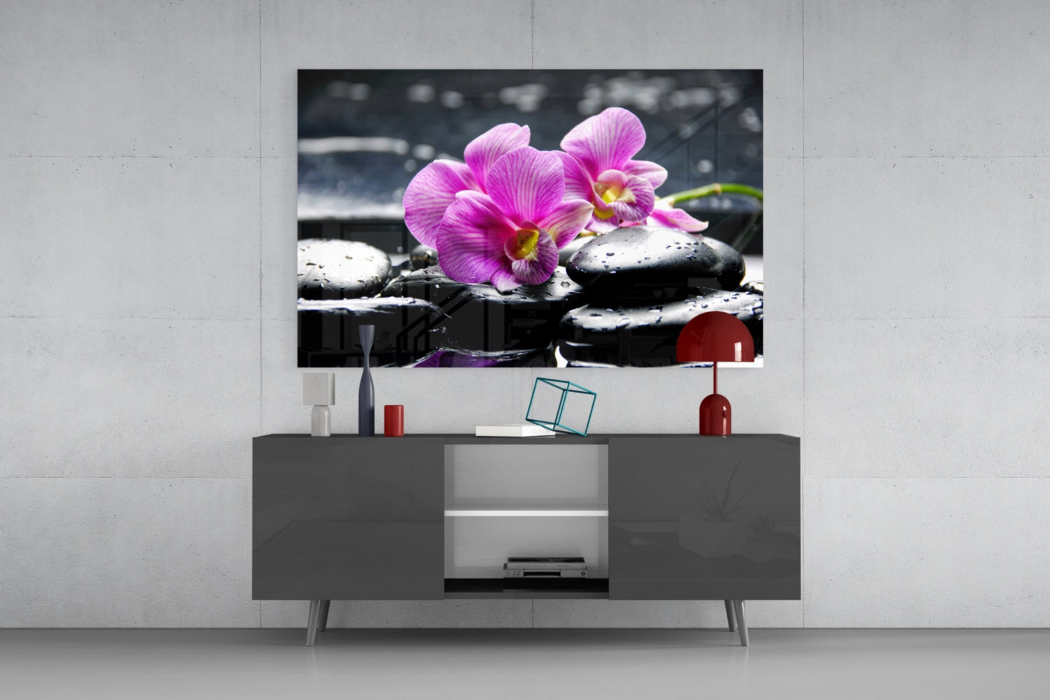 Magenta Orchid Pair Black Stones Glass Wall Art