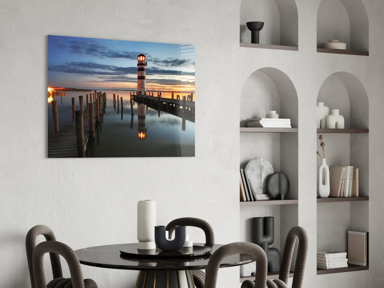 Striped Tower Dusk Pier Lighthouse Glass Wall Art