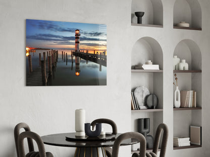 Striped Tower Dusk Pier Lighthouse Glass Wall Art
