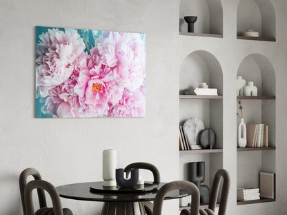 Pink Peony Bunch Teal Glass Wall Art